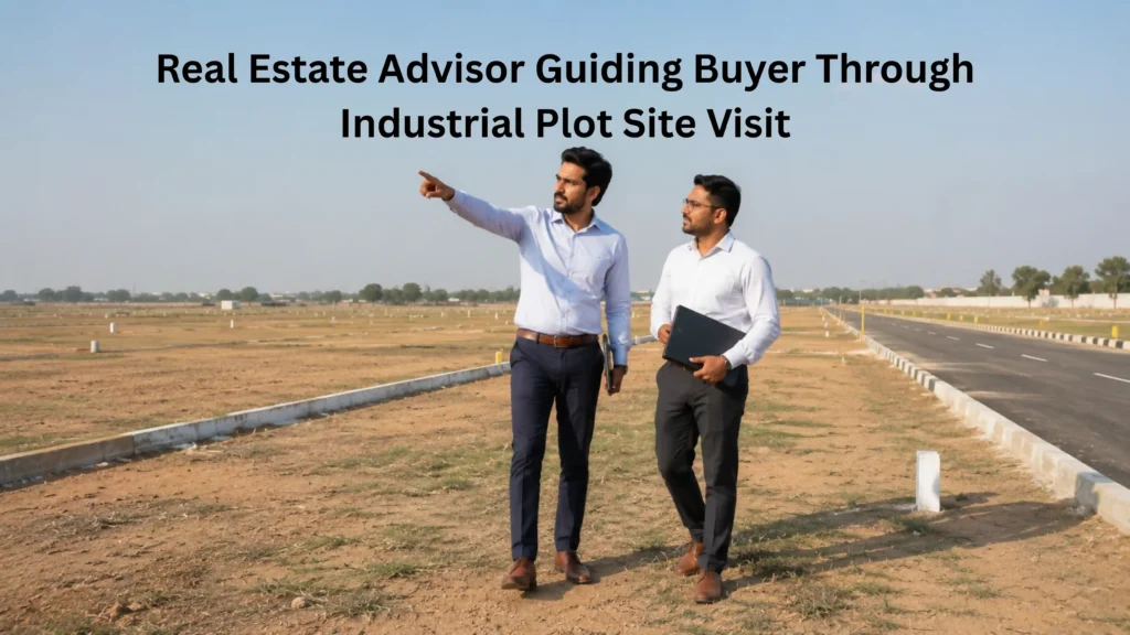 Real estate advisor guiding a buyer through a site visit while explaining the process to buy industrial plot in Sisana near IMT Kharkhoda