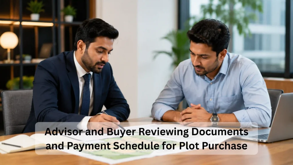 RS Group Realty advisor and buyer reviewing documents and payment schedule for an industrial plot purchase near Sisana Kharkhoda