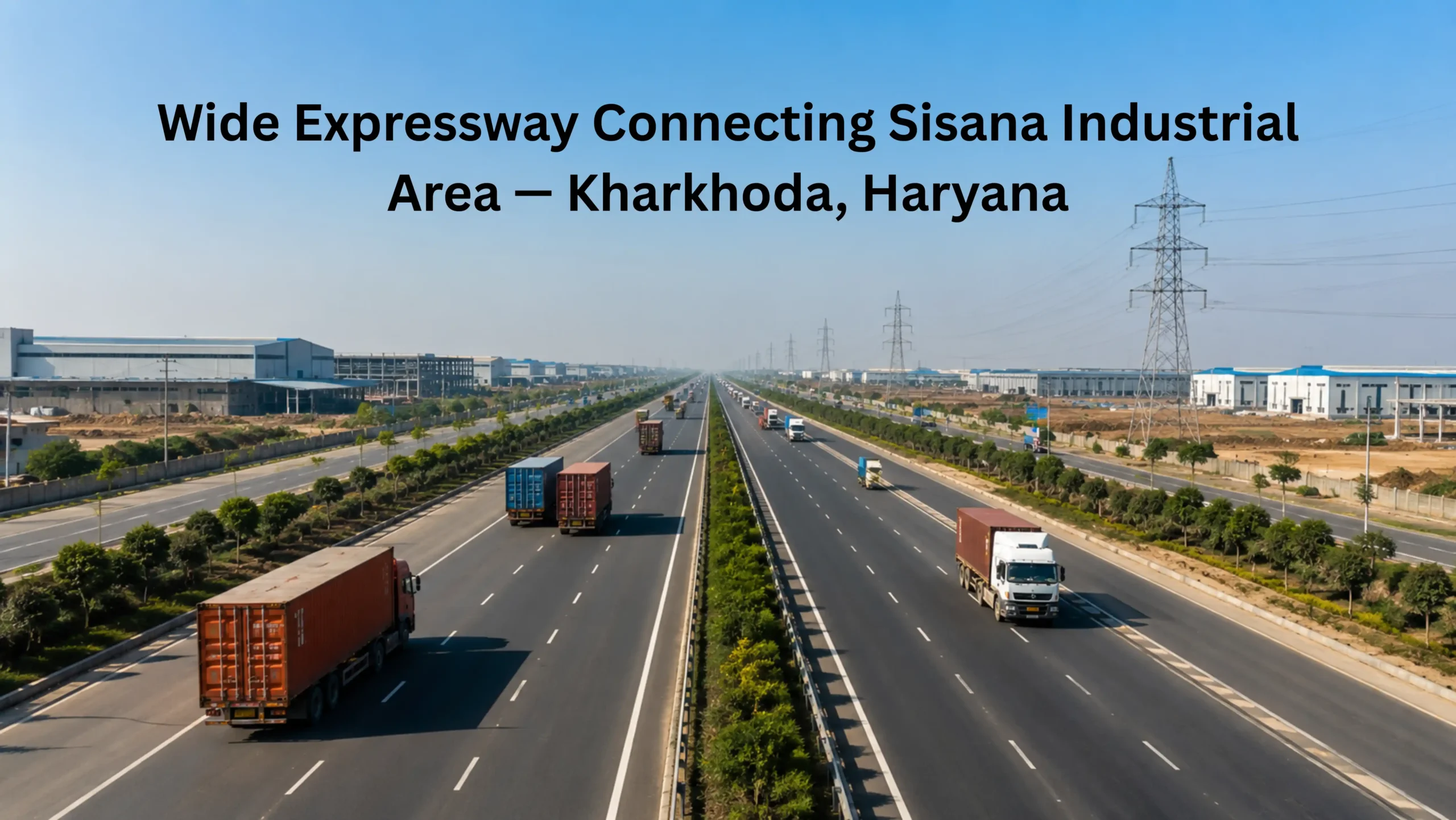 Wide modern expressway in Haryana with industrial buildings and factory sheds on both sides, showing highway connectivity near Sisana Kharkhoda industrial area