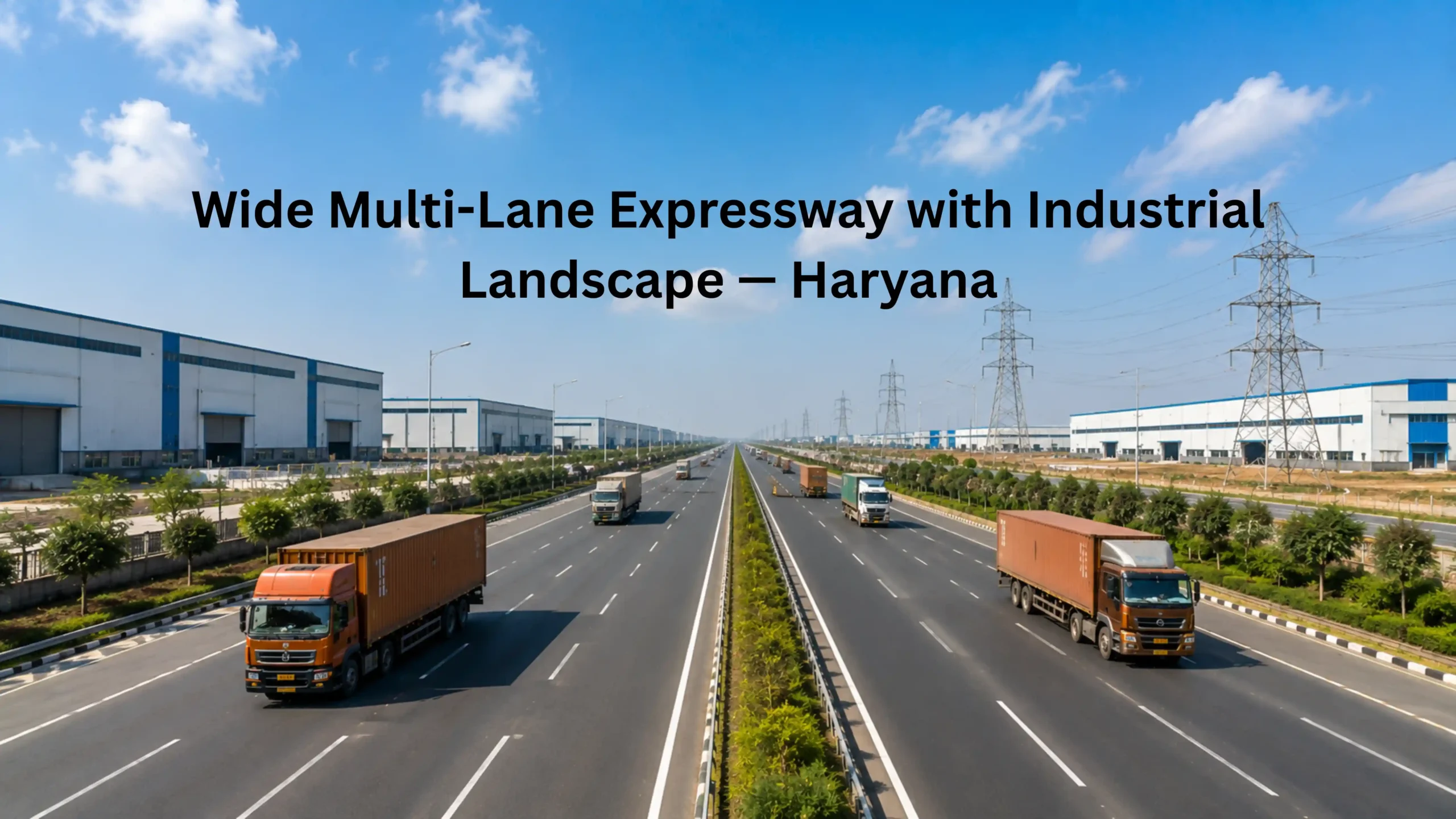Wide modern expressway in Haryana with industrial factories and warehouse buildings on both sides, representing the highway connectivity advantage of Sisana Kharkhoda industrial plots near IMT Kharkhoda