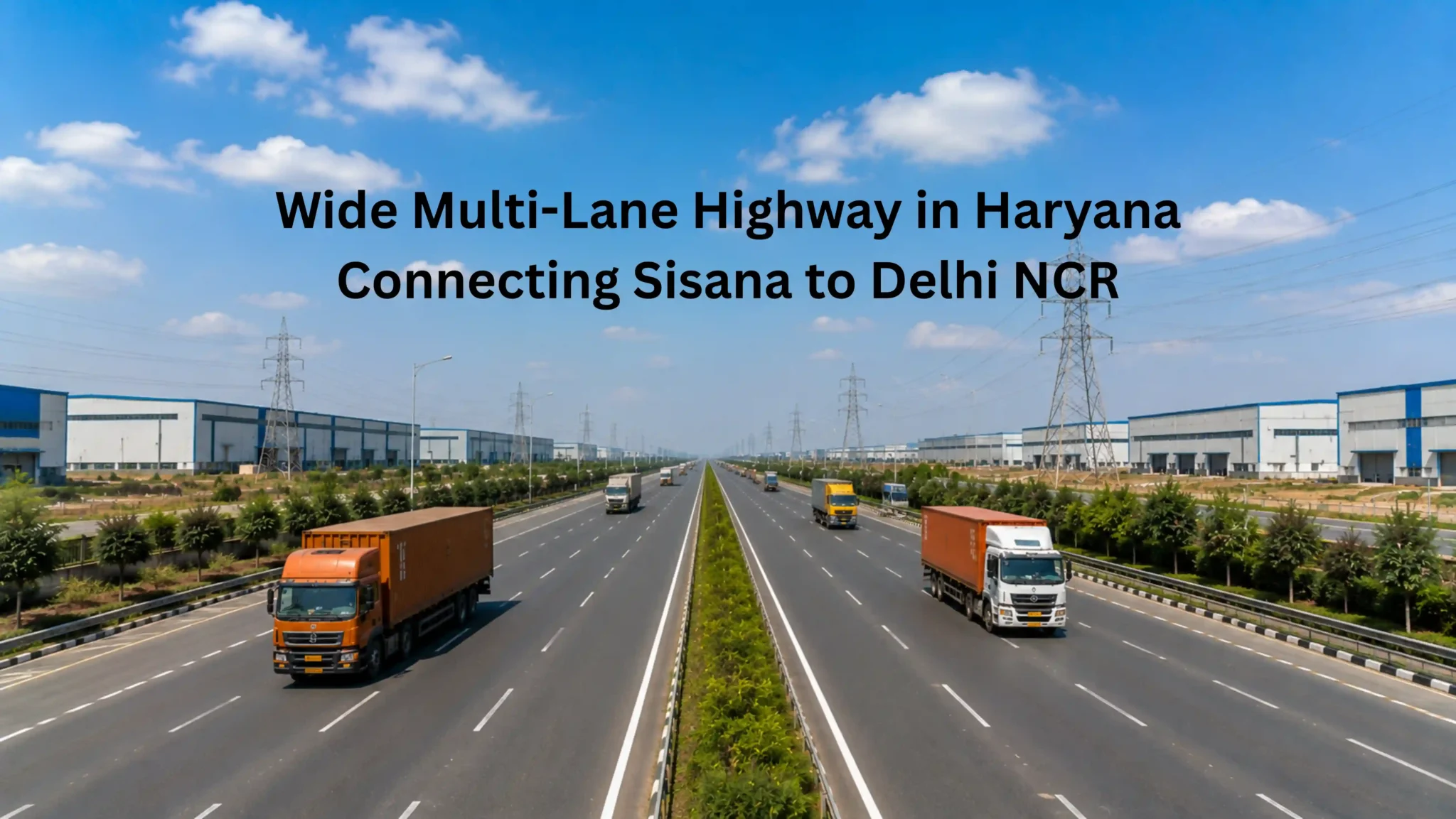 Wide modern highway in Haryana with trucks and industrial buildings on both sides representing highway access near Sisana Kharkhoda industrial plots close to Delhi NCR