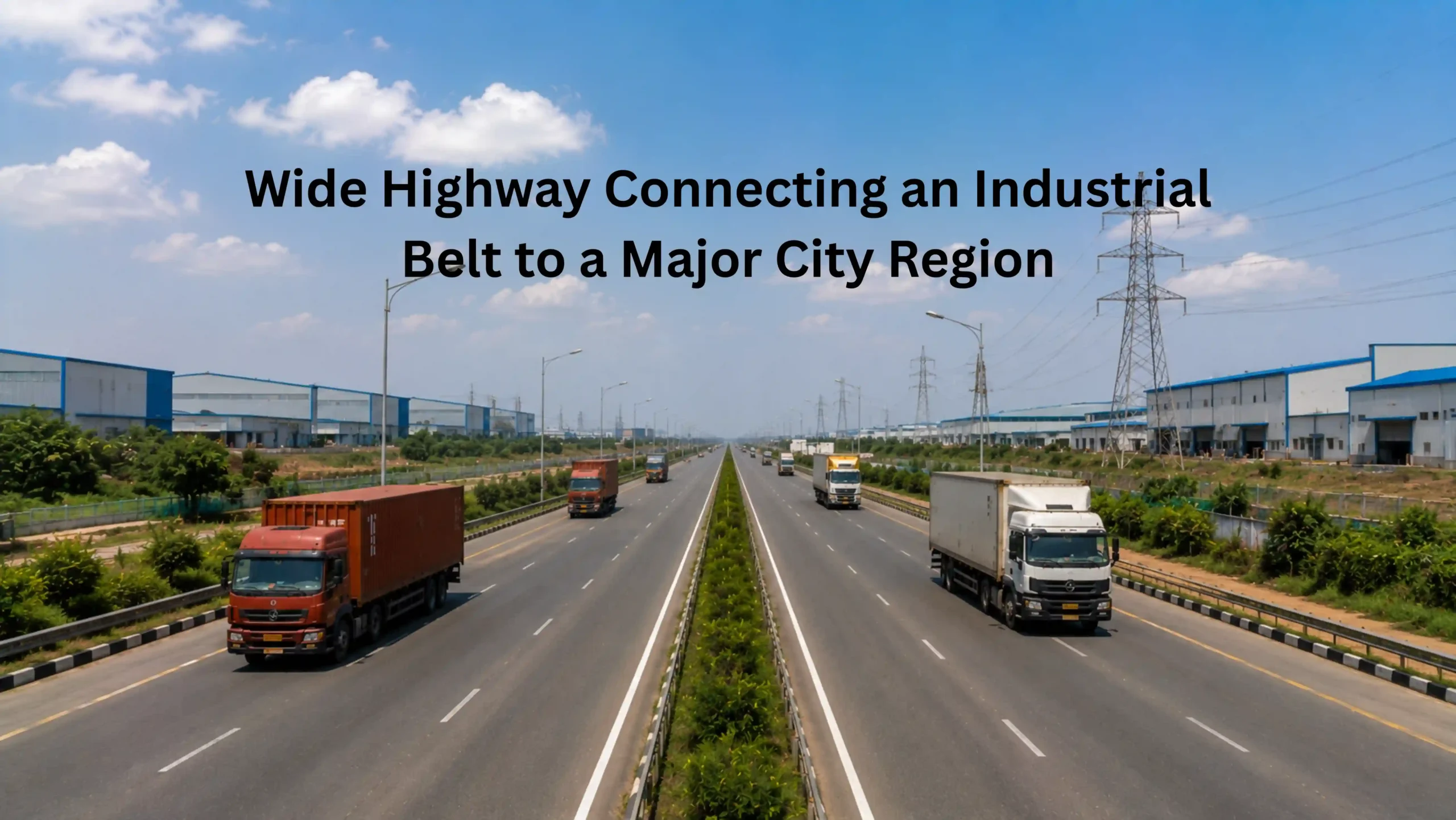 Wide multi-lane highway with trucks and factory buildings on both sides representing strong road connectivity for industrial areas in Sonipat Haryana