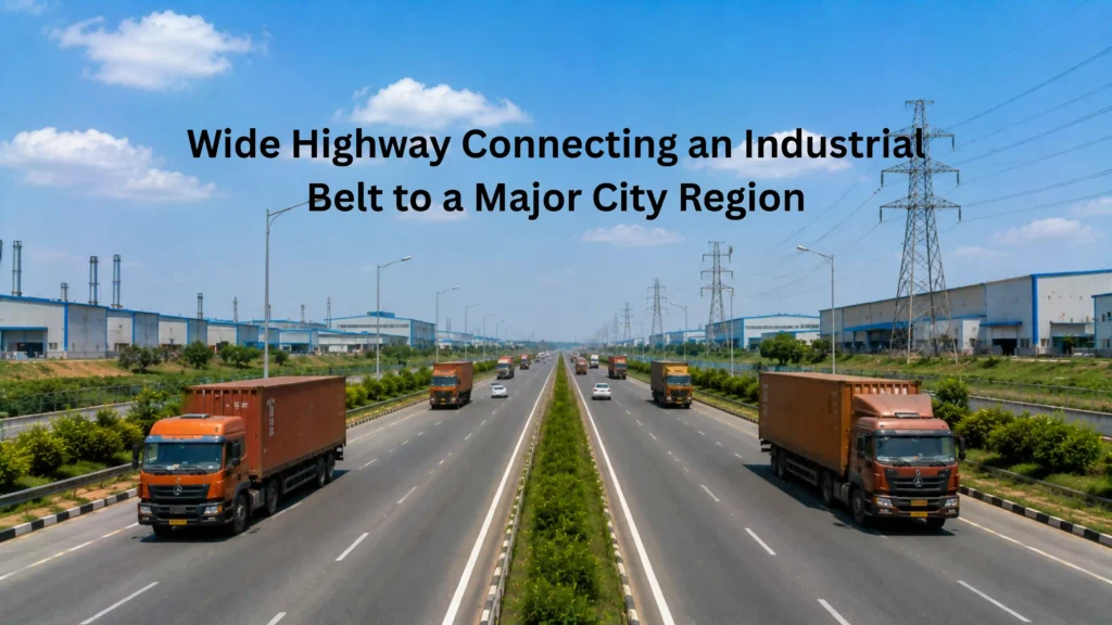 Wide multi-lane highway with trucks and factory buildings on both sides representing strong road connectivity for industrial areas in Sonipat Haryana