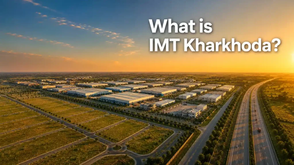 Aerial illustration of IMT Kharkhoda industrial township layout near an expressway in Sonipat, Haryana