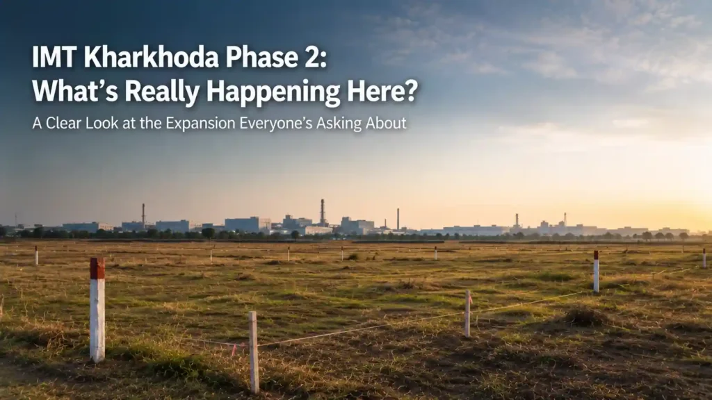 Survey stakes on open land near the IMT Kharkhoda belt representing the Phase 2 expansion process