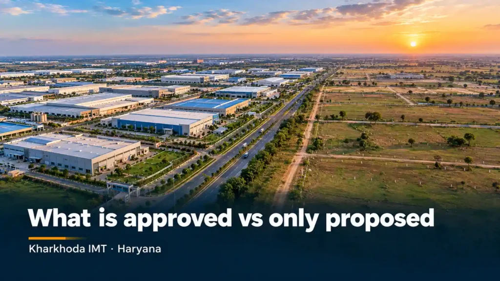 Aerial view of the Kharkhoda industrial area showing built factory sheds on one side and open expansion land beyond, representing the difference between approved and proposed development