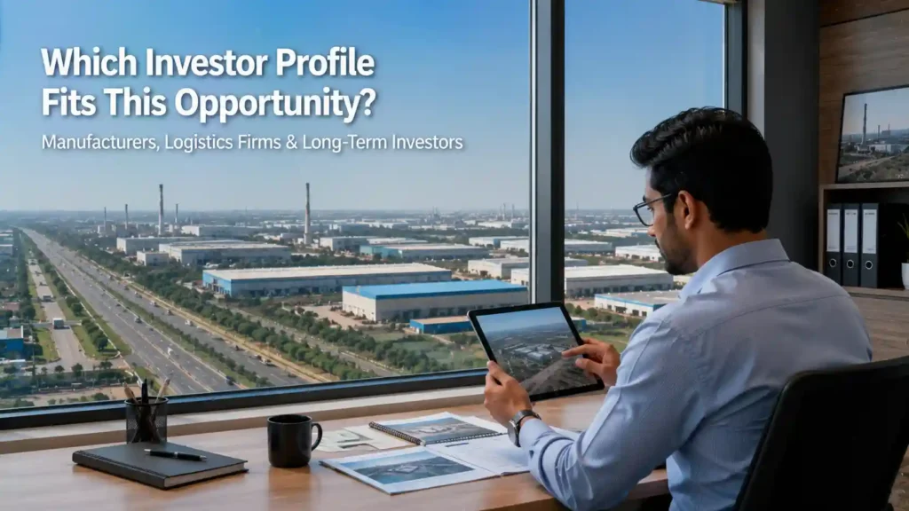 Professional evaluating investment options with an industrial landscape visible, representing IMT Kharkhoda buyer profiles