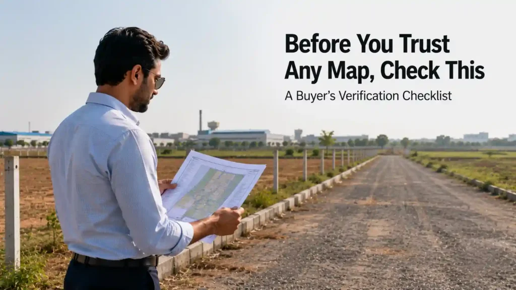 Investor comparing a site layout plan to an open industrial plot near IMT Kharkhoda