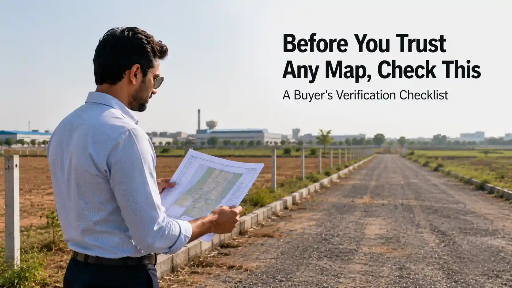Investor comparing a site layout plan to an open industrial plot near IMT Kharkhoda