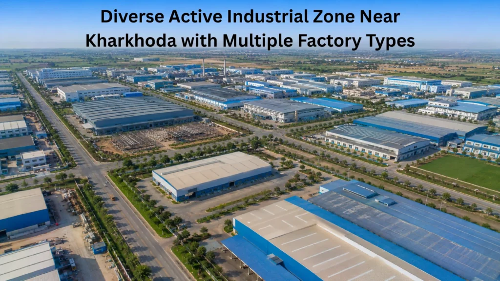 Aerial view of a diverse active industrial zone near Kharkhoda with multiple factory buildings warehouses and roads representing manufacturing units in Sisana industrial area