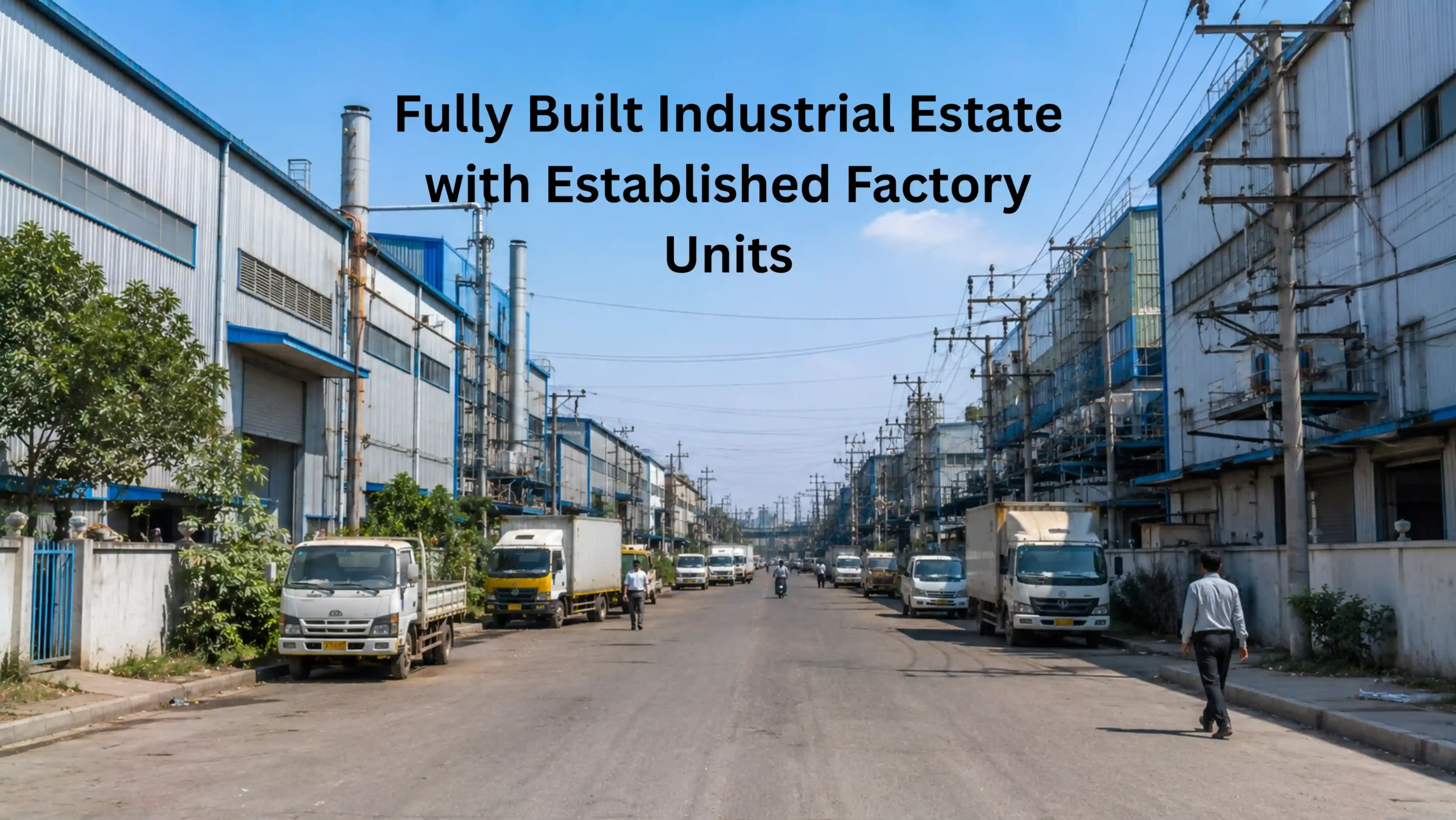 Fully developed and busy industrial estate with established factory buildings and dense layout representing a mature industrial zone like Kundli in Sonipat Haryana