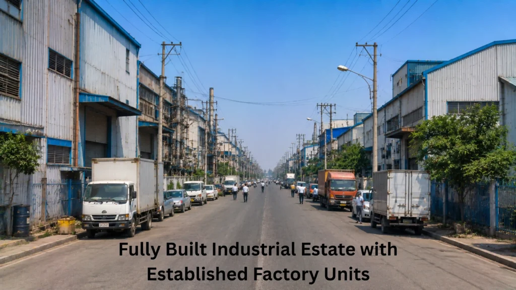 Fully developed and busy industrial estate with established factory buildings and dense layout representing a mature industrial zone like Rai in Sonipat Haryana