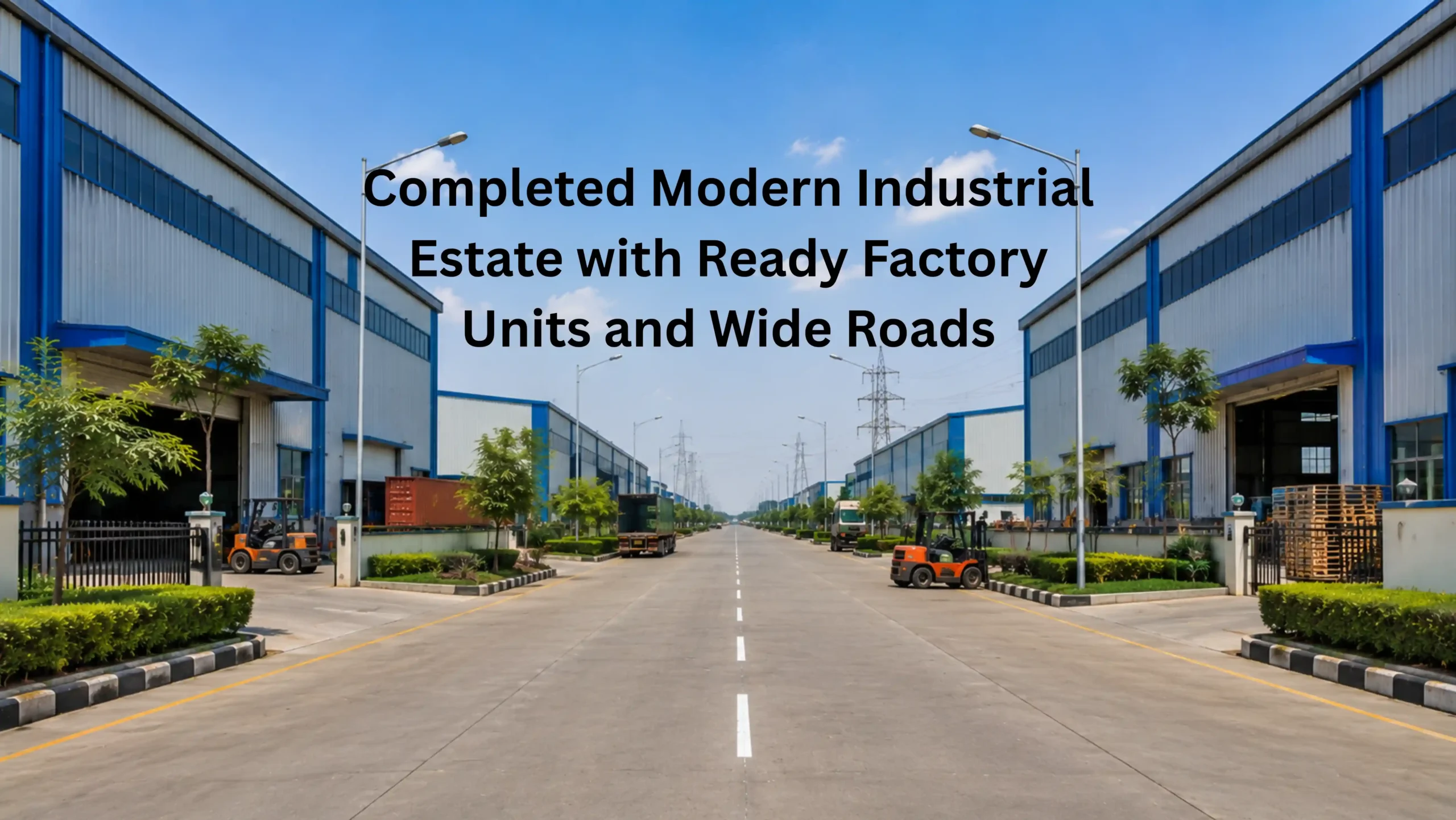Fully developed modern industrial estate with factory warehouse buildings, wide internal roads, power setup, and organized layout representing the future of Sisana industrial zone near IMT Kharkhoda Kharkhoda