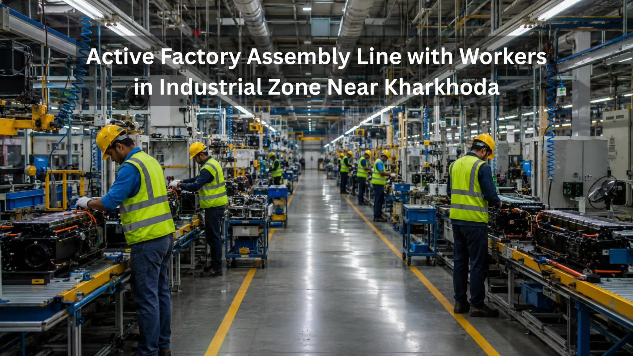 Active factory assembly line with workers in safety equipment representing manufacturing units in Sisana industrial area near IMT Kharkhoda Haryana