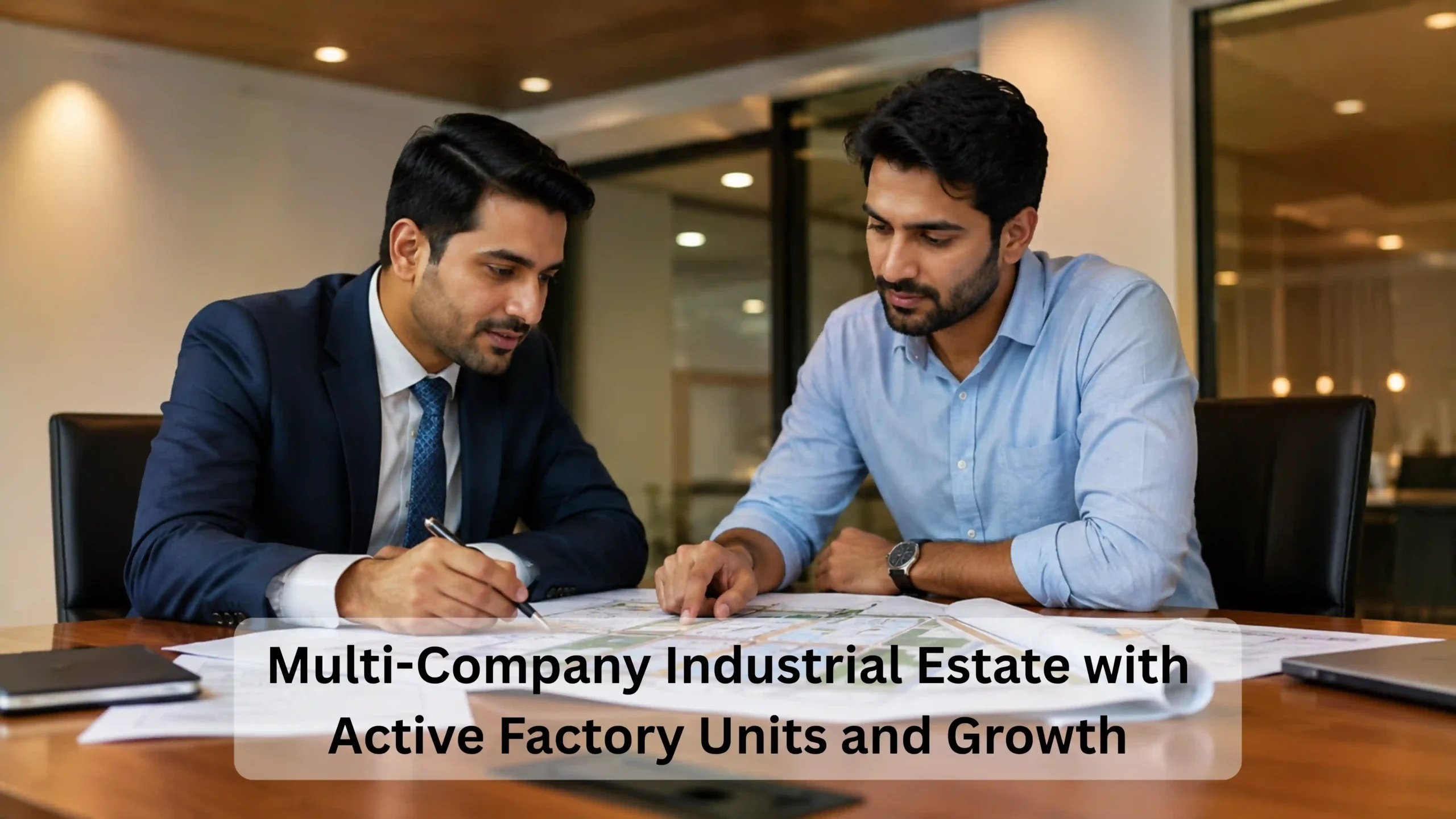 Real estate advisor and industrial investor reviewing site documents and growth plans for Sisana Kharkhoda industrial area investment decision.