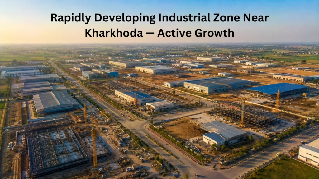 Aerial view of a rapidly developing industrial zone near Kharkhoda Haryana showing active construction, new factory buildings, and wide roads representing Sisana future growth potential