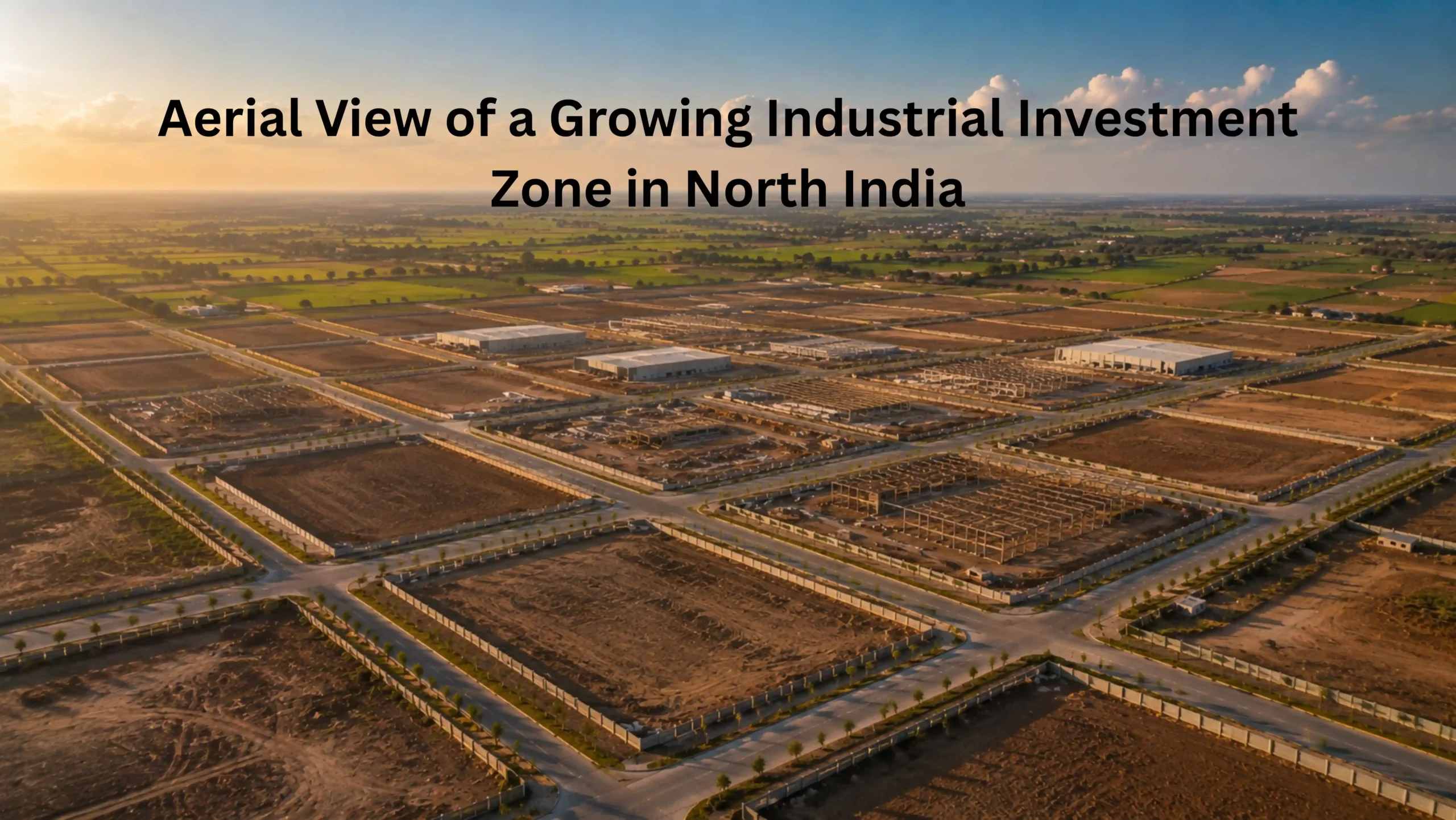 Aerial view of a developing industrial zone in Haryana showing organized plot layout, construction activity, and wide internal roads representing investment opportunity near IMT Kharkhoda