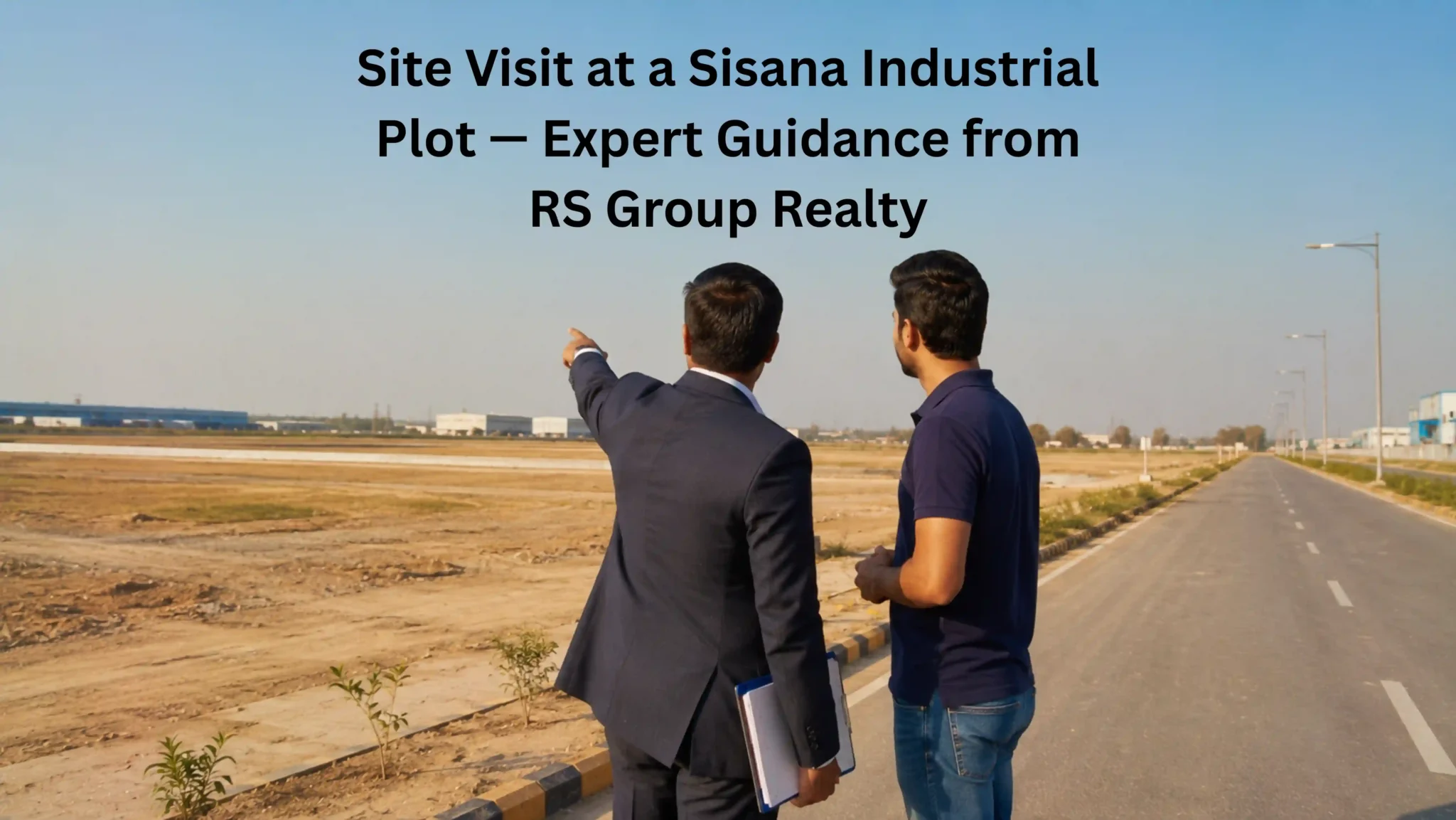 Real estate expert and investor during a site visit at Sisana industrial plot near Kharkhoda Haryana discussing plot price and investment details