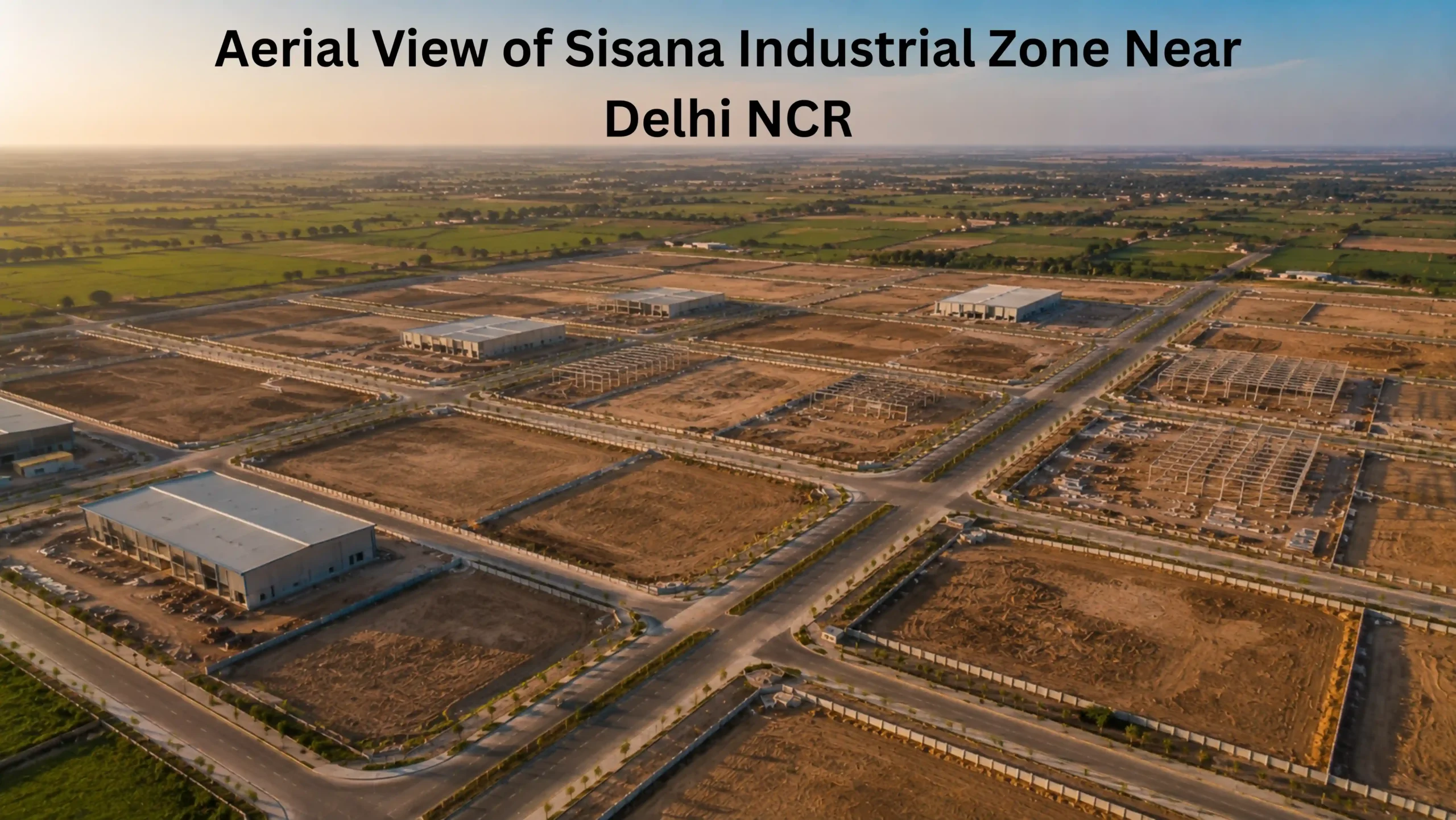 Aerial view of Sisana industrial plots near Delhi NCR in Kharkhoda Haryana showing organized plot layout, wide internal roads, and developing infrastructure