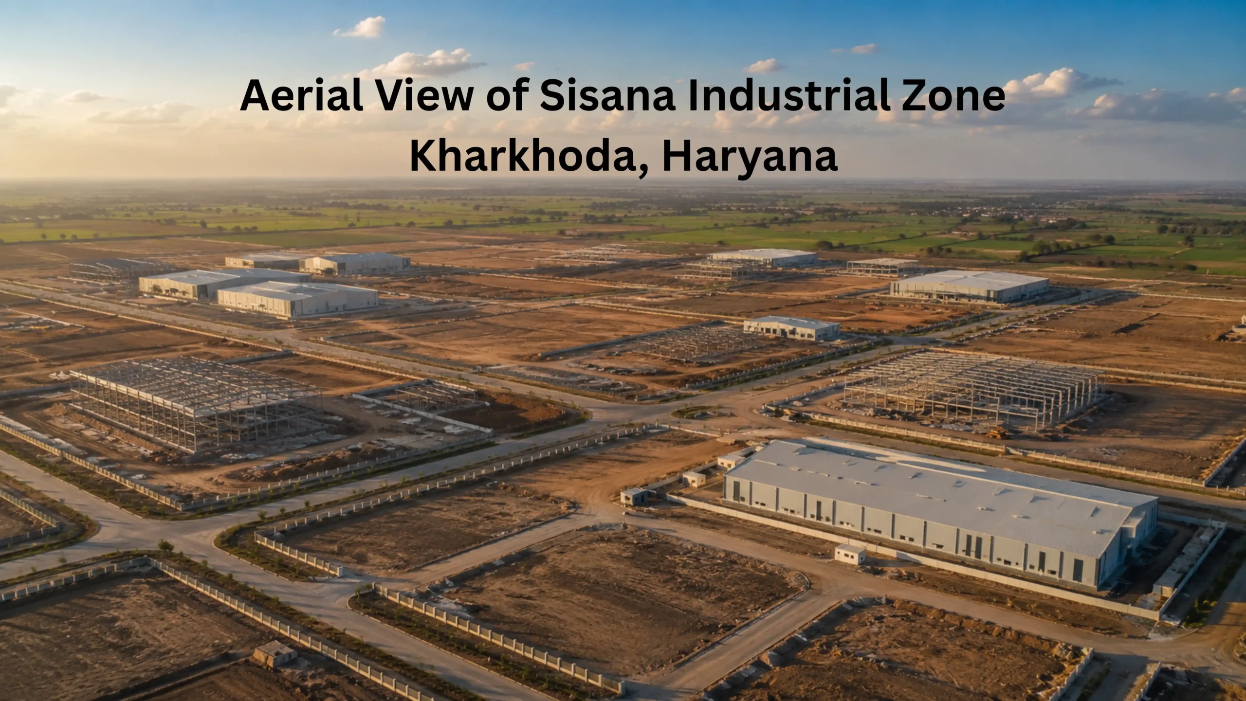 Aerial view of a developing industrial zone near Kharkhoda, Haryana showing open plots, factory construction, and wide internal roads