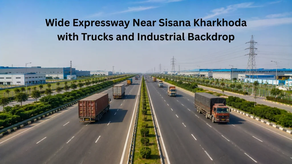Wide expressway near Sisana Kharkhoda with trucks and factory buildings on both sides representing the strong road infrastructure connecting Sisana industrial area to Delhi NCR