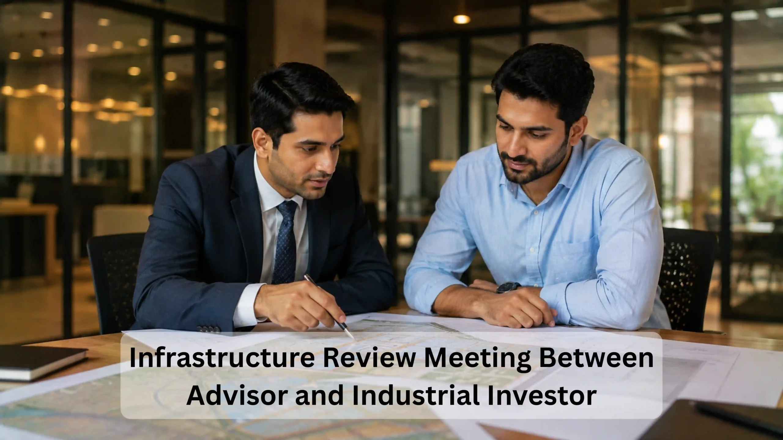 RS Group Realty advisor and industrial investor reviewing Sisana infrastructure plans and site documents in a professional meeting setting