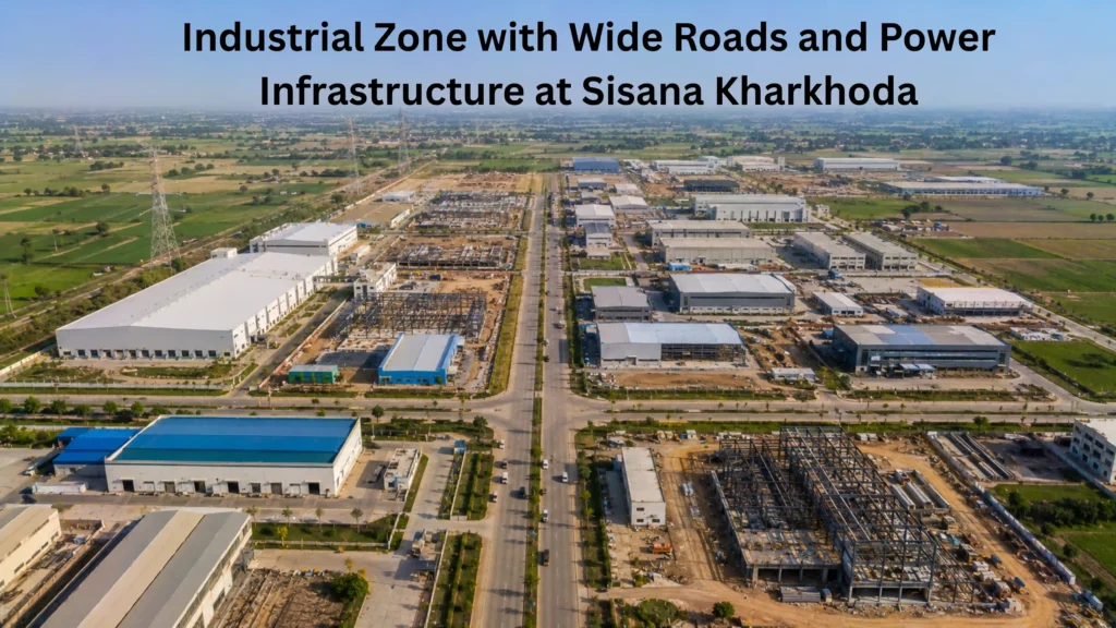 Aerial view of Sisana industrial zone near Kharkhoda Haryana showing wide roads, factory buildings, and power infrastructure representing Sisana infrastructure development