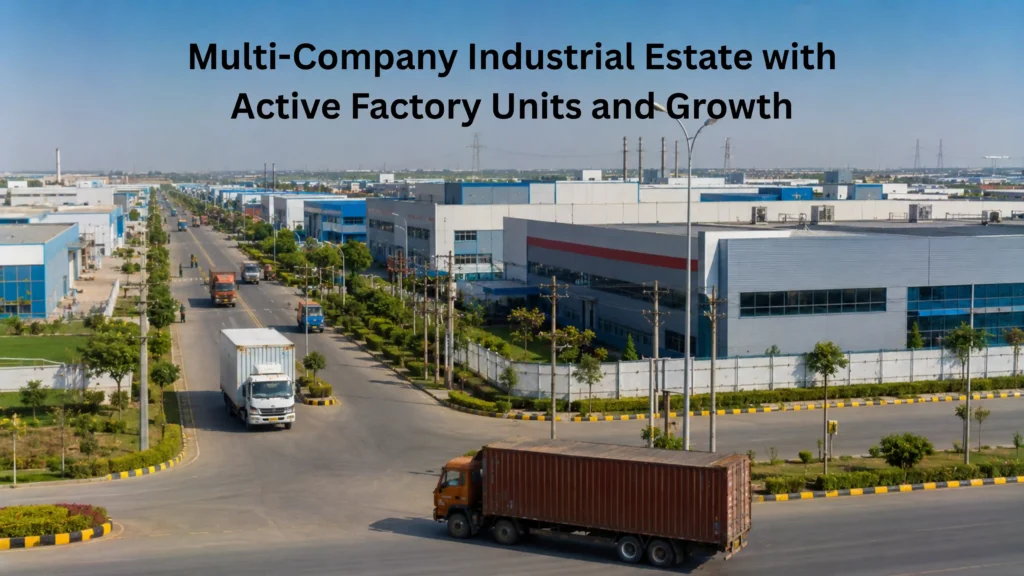 Busy multi-company industrial estate near Kharkhoda Haryana with multiple factory units and trucks showing the growing auto-ancillary ecosystem that supports Sisana future growth
