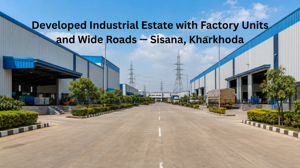 Developed industrial estate near Kharkhoda Haryana showing large factory warehouse buildings, wide internal roads, power infrastructure, and organized layout representing Sisana industrial area