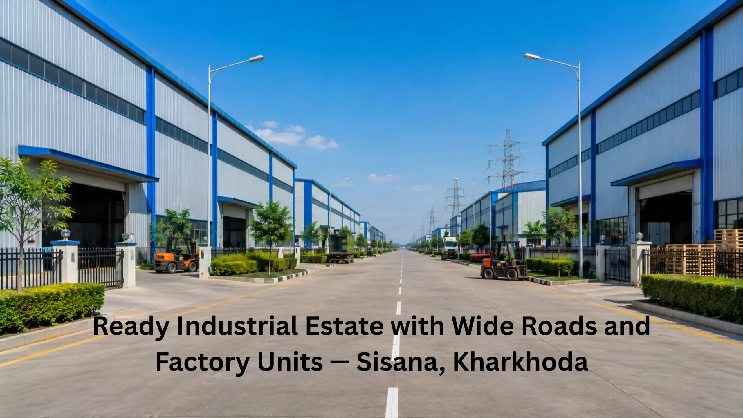 Fully developed industrial estate near Kharkhoda Haryana showing wide paved roads factory warehouse buildings and power infrastructure representing Sisana industrial zone near Delhi NCR