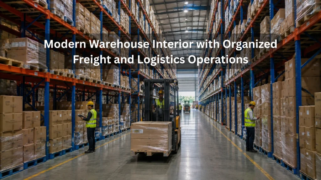 Modern warehouse interior near Kharkhoda with organized pallets, forklift, and workers representing logistics and warehousing manufacturing units in Sisana industrial area