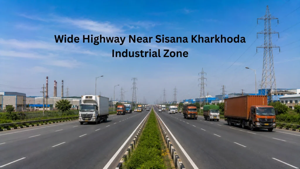 Wide multi-lane highway near Sisana Kharkhoda with trucks and factory buildings representing the road connectivity that supports the Sisana industrial plot price