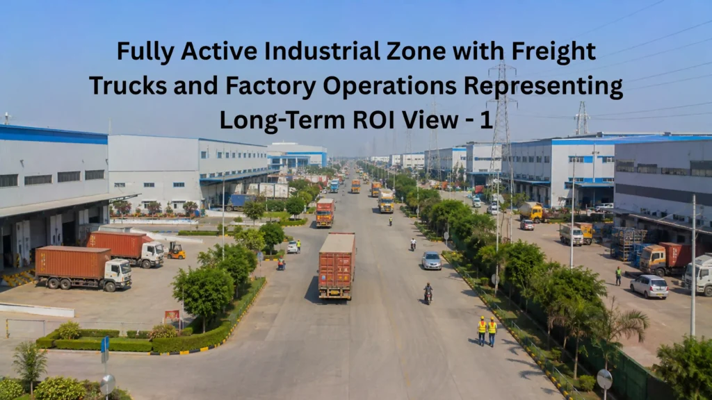 Active industrial estate with factory buildings and freight trucks representing the long-term ROI potential of Sisana industrial plots near IMT Kharkhoda Haryana