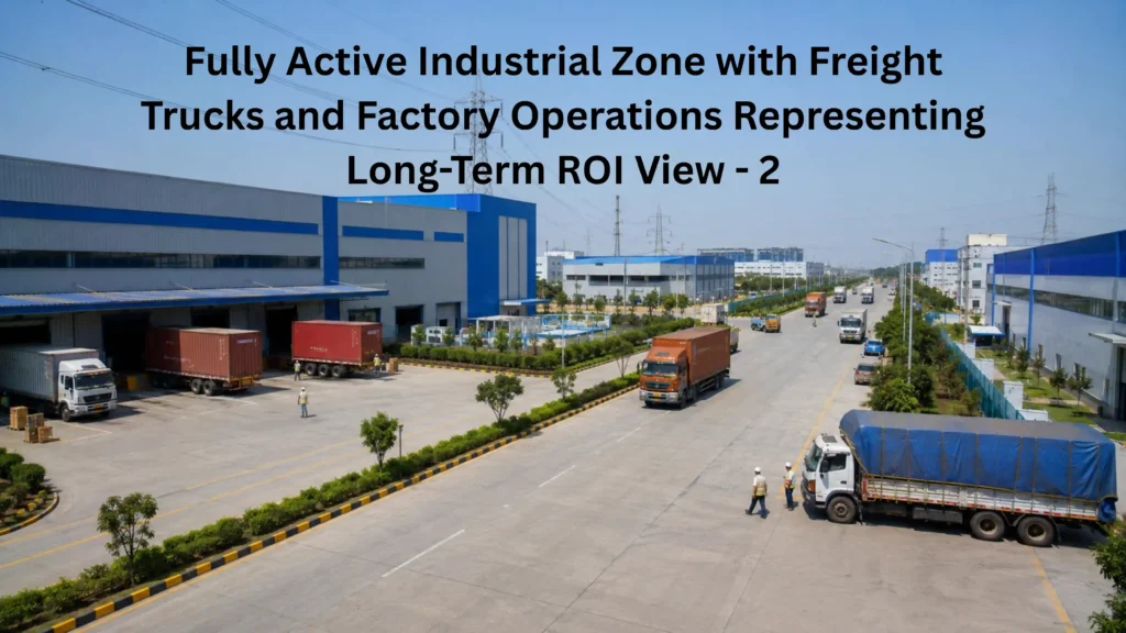 Active industrial estate with factory buildings and freight trucks representing the long-term ROI potential of Sisana industrial plots near IMT Kharkhoda Haryana