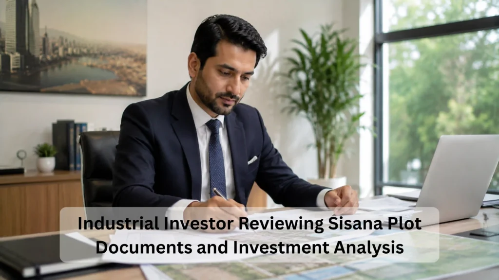 Professional investor reviewing site maps and documents for Sisana industrial plot ROI analysis and investment evaluation near IMT Kharkhoda Kharkhoda