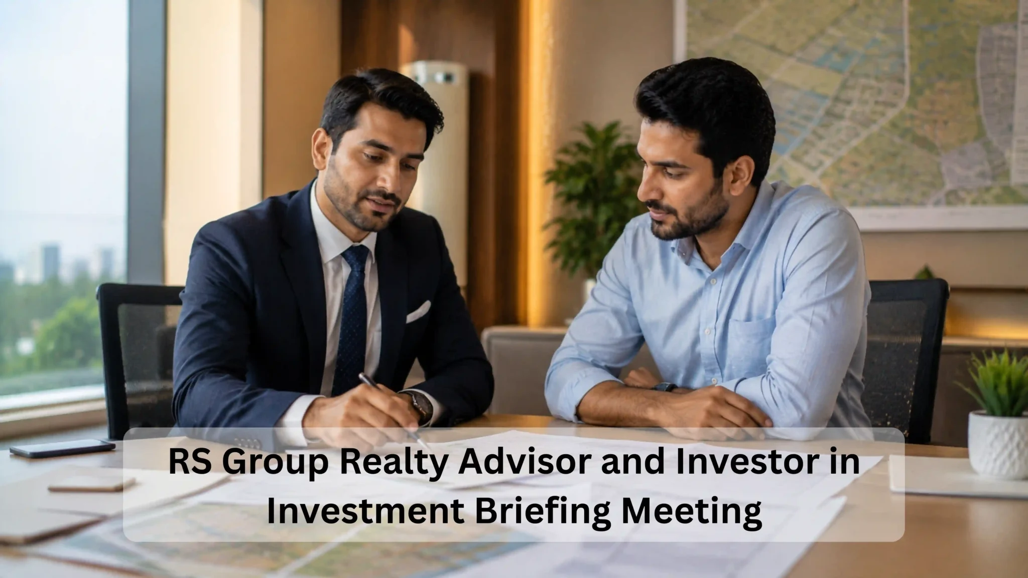 RS Group Realty advisor and investor in a professional investment briefing meeting reviewing Sisana ROI analysis and industrial plot investment options near Kharkhoda