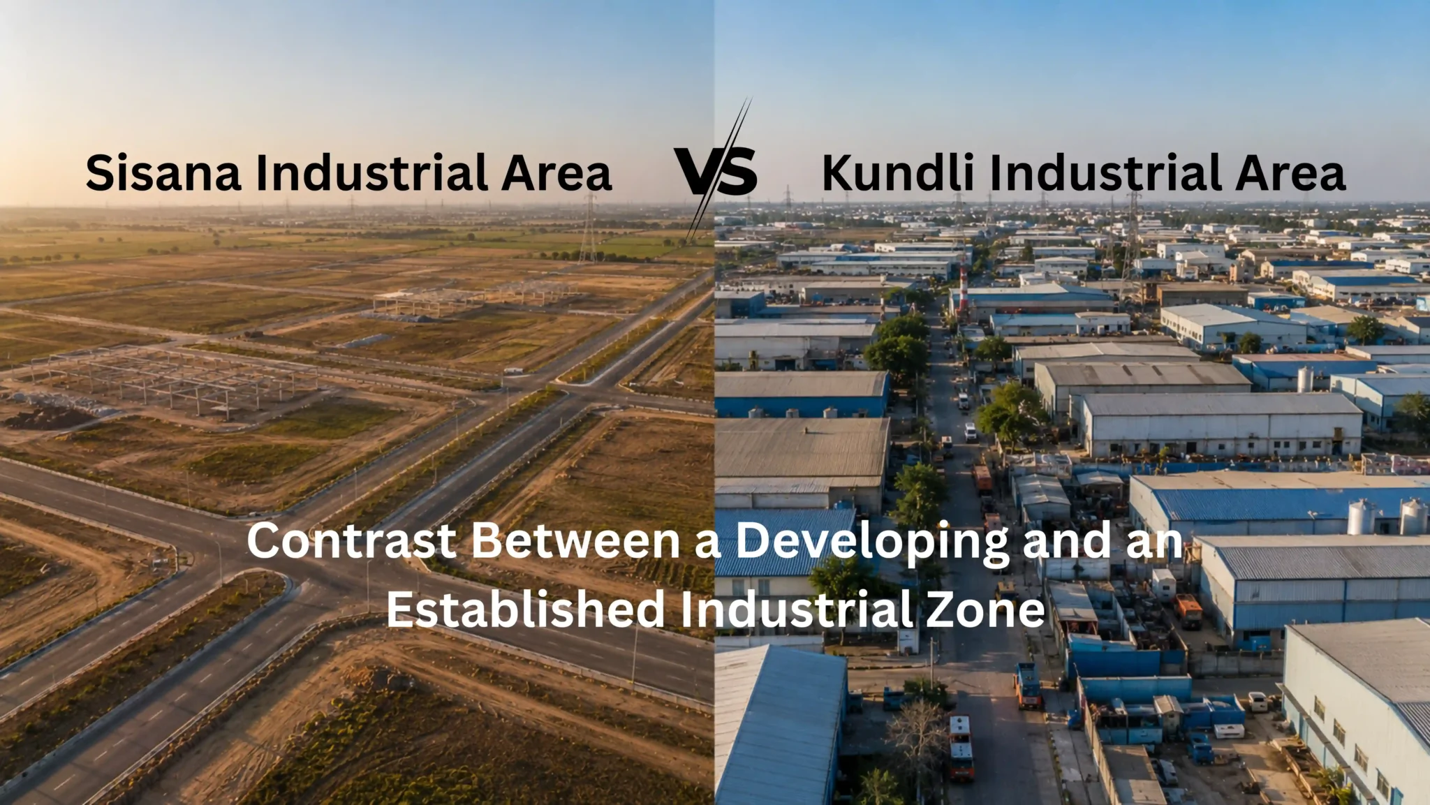 Side by side comparison of a newly developing industrial zone and a mature established industrial estate, representing the difference between Sisana and Kundli industrial areas