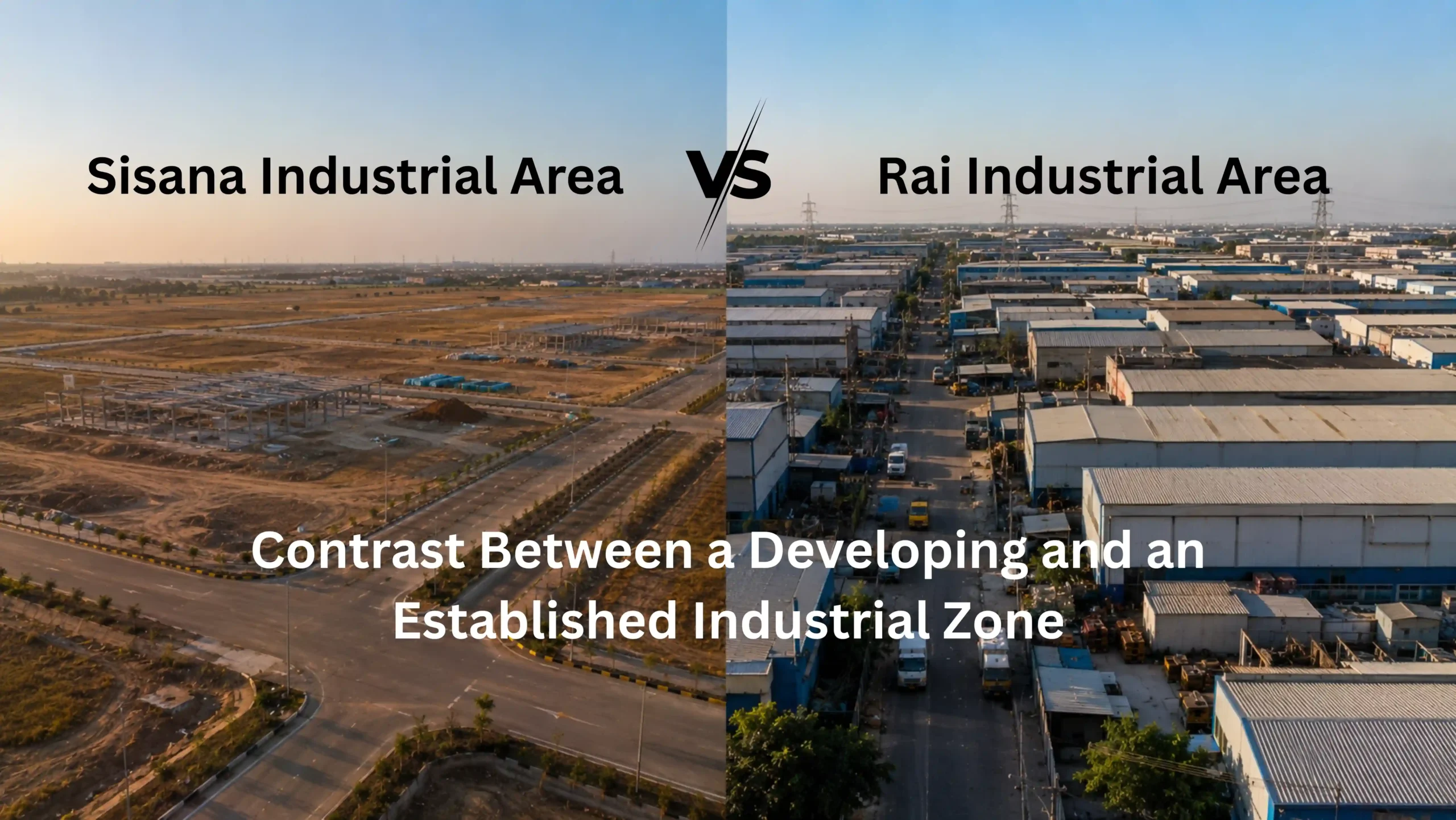 Side by side comparison of a newly developing industrial zone and a mature established industrial estate, representing the difference between Sisana and Rai industrial areas
