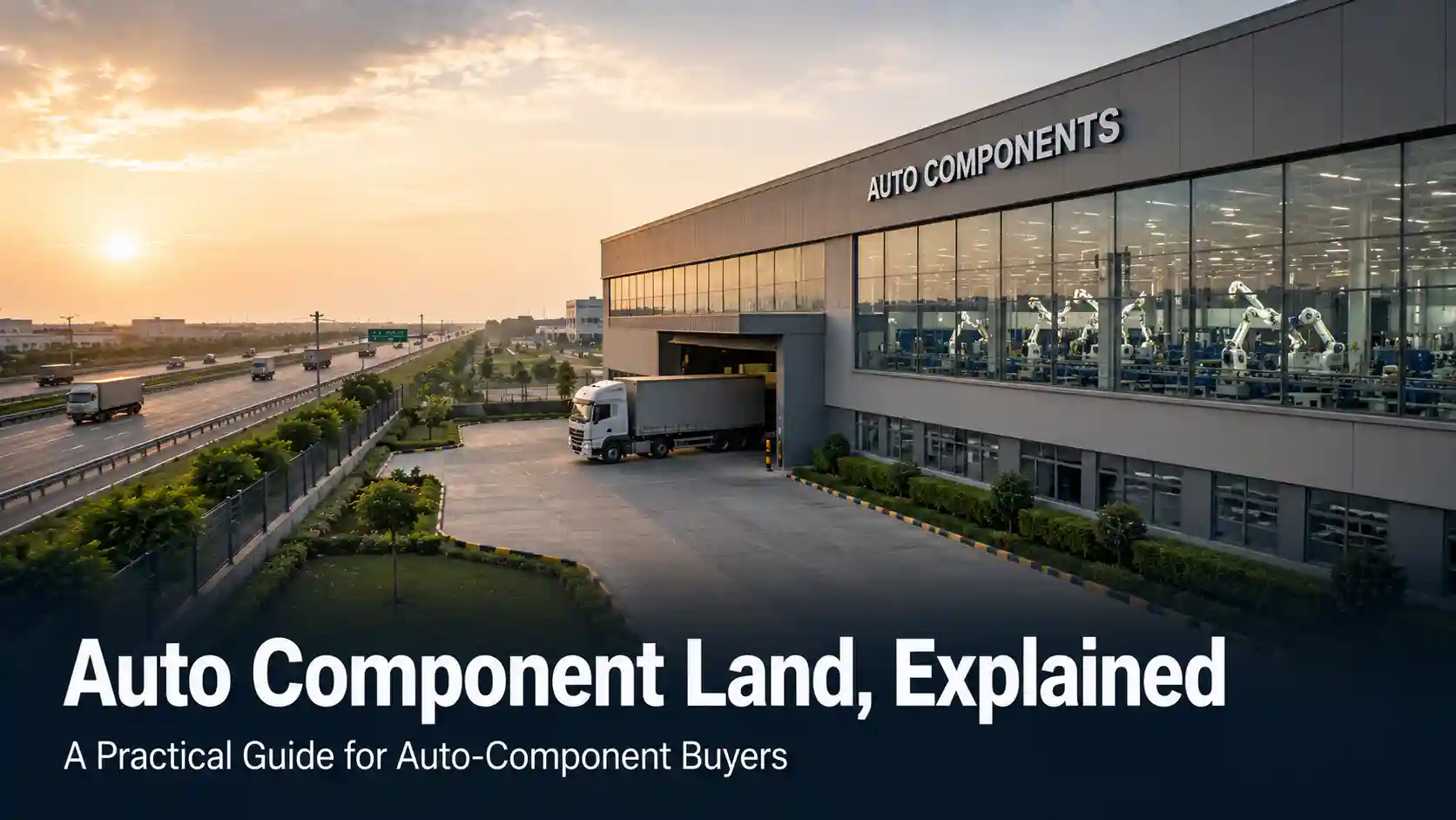 Modern auto-component manufacturing unit with loading dock near an expressway, representing Kharkhoda's supplier ecosystem