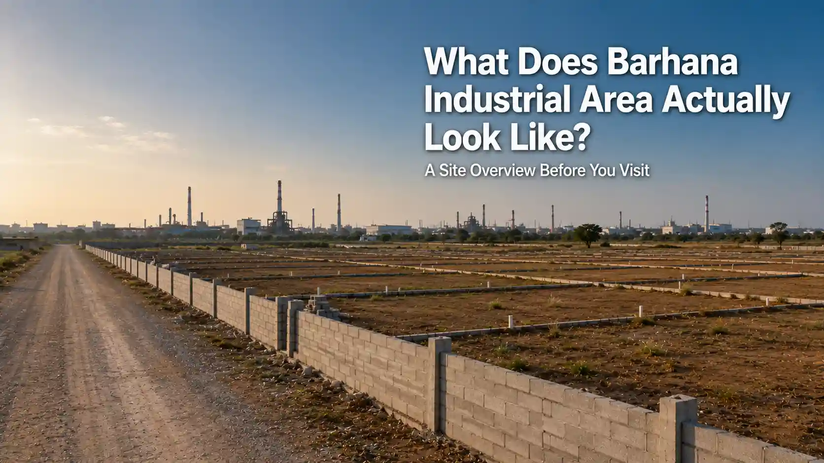 Open plotted industrial land with a boundary wall representing a general site overview of Barhana Industrial Area