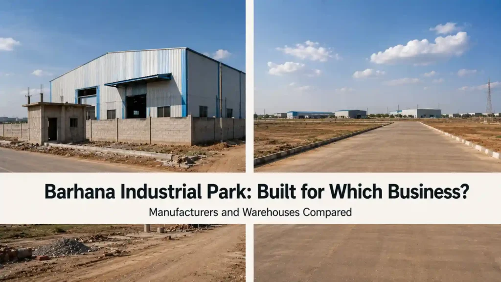 Factory shed under construction beside an open flat plot representing different business uses for Barhana Industrial Park