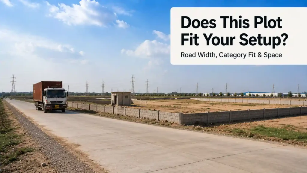 Open industrial plot with a truck on the access road representing setup requirements in Barhana Industrial Park