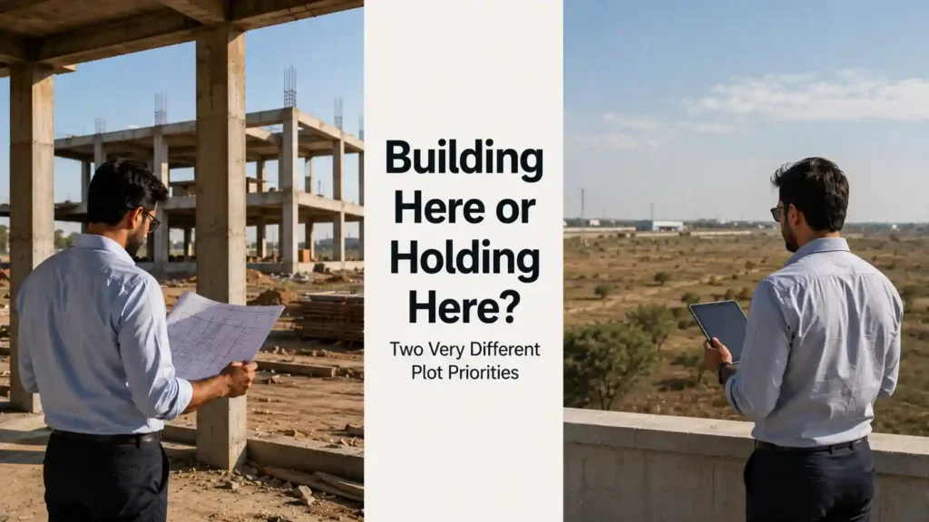 Comparison of an operational buyer at a build site and an investment buyer reviewing land, representing different plot priorities in Barhana