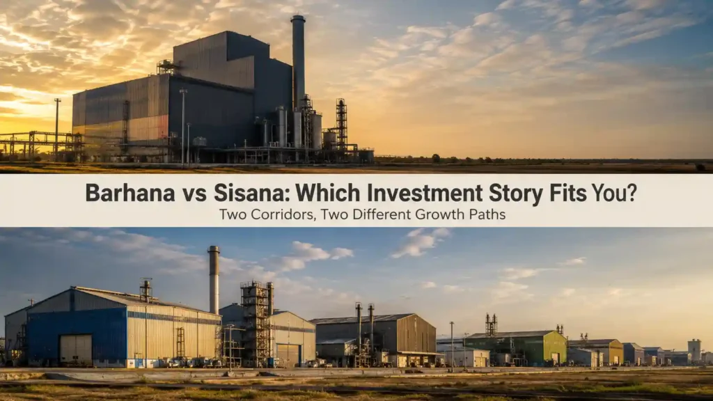Split view of a single large facility and several smaller factory sheds representing the Barhana vs Sisana comparison