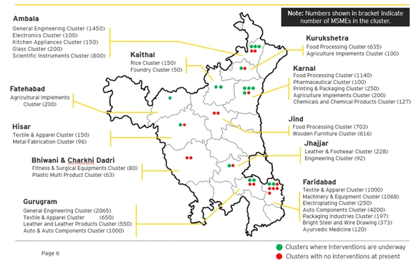 Map showing manufacturing and MSME industrial clusters across northern and central Haryana including Gurugram, Faridabad, Sonipat, Karnal, Ambala, Kaithal and Kurukshetra.