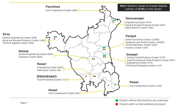Map showing MSME manufacturing clusters across southern and western Haryana including Panipat, Rewari, Rohtak, Yamunanagar, Sirsa, Palwal and Panchkula.