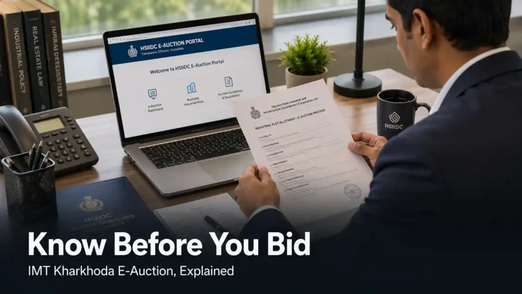 Buyer reviewing official HSIIDC IMT Kharkhoda e-auction documents before bidding