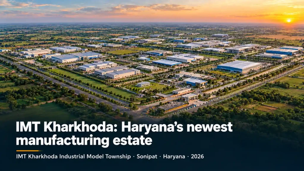 Aerial-style overview of the IMT Kharkhoda industrial estate grid in Sonipat, Haryana, with the Maruti Suzuki and supplier zone marked visually