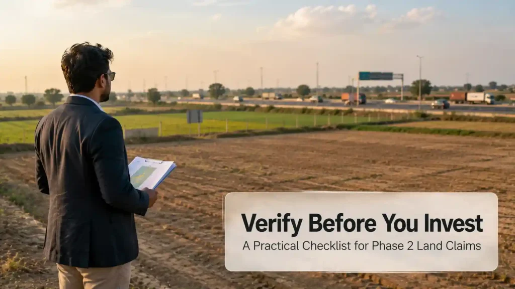 Investor reviewing land documents near an industrial expressway corridor