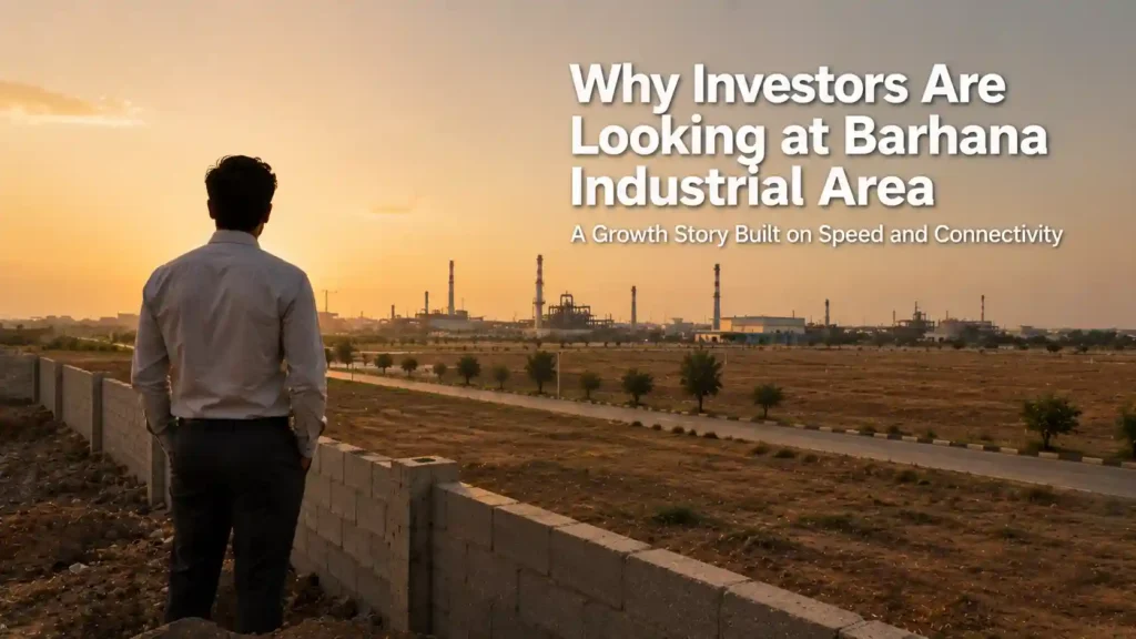 Investor overlooking a developing industrial plot representing the Barhana Industrial Area investment opportunity